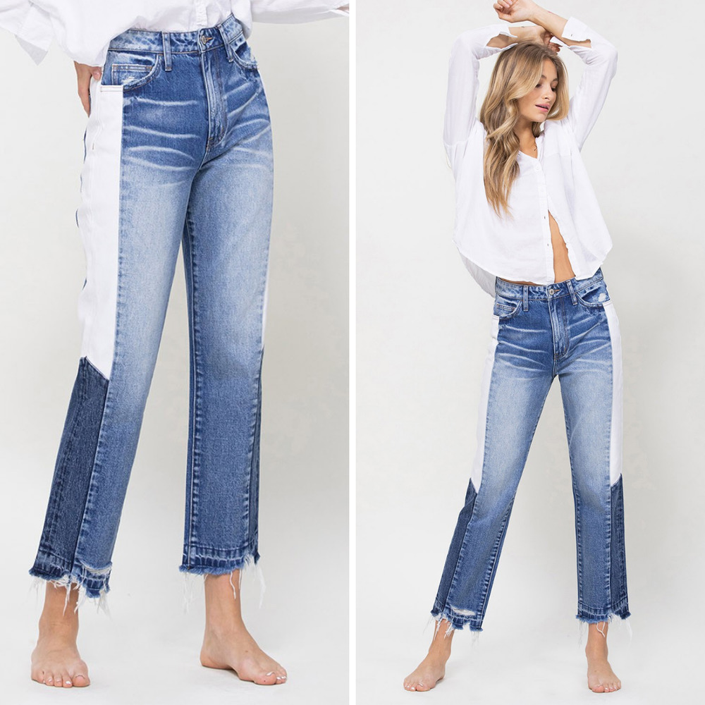 VERVET High Rise Straight Cropped Jeans with Side Blocked Panel - Tallulah Sky